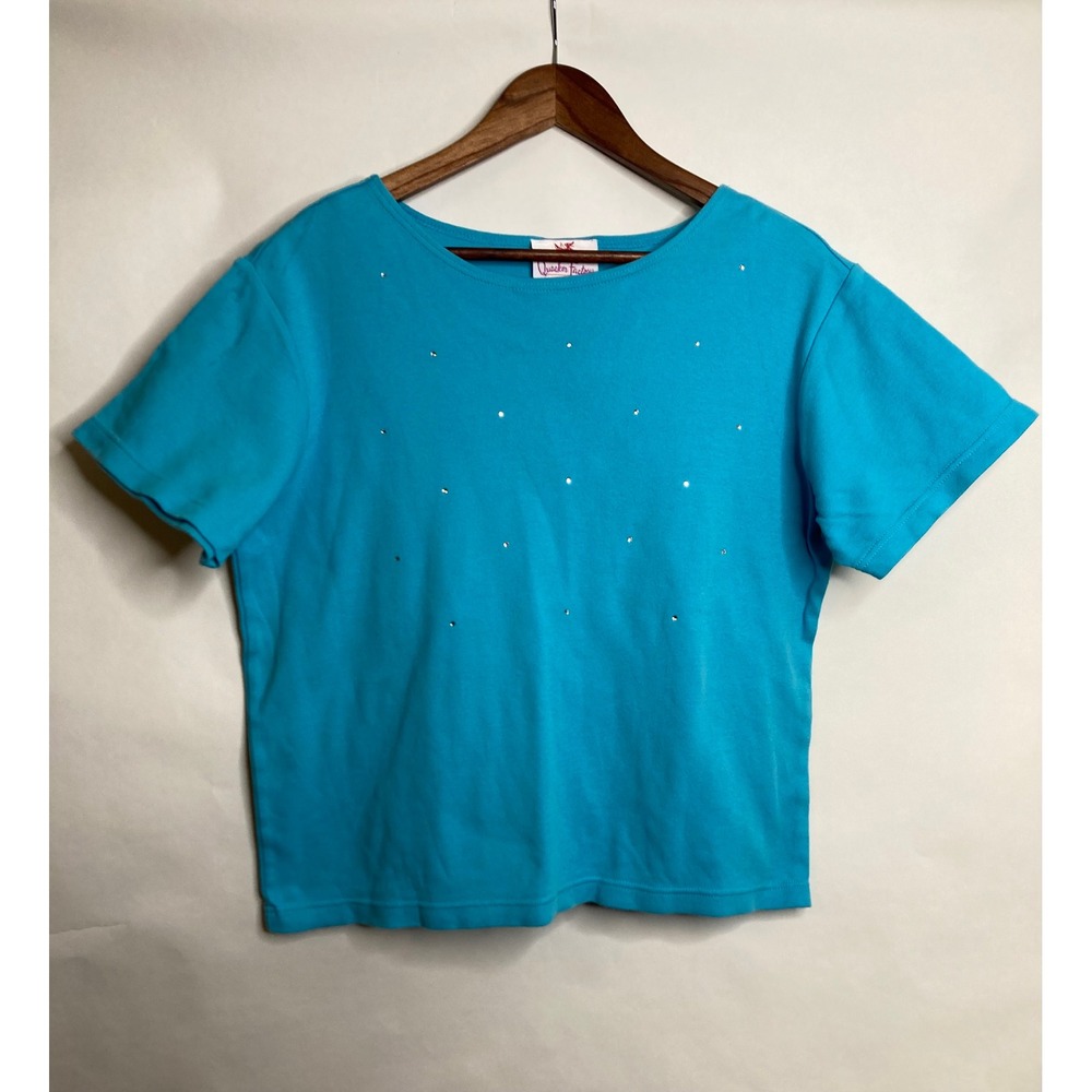 Quacker Factory Top Womens M Turquoise Blue Rhinestone Embellished Cotton‎ Y2K
